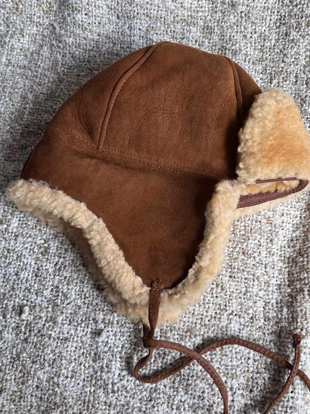 Kids Vintage Genuine Shearling Sheepskin Aviator Trapper Hat - Tan / Brown